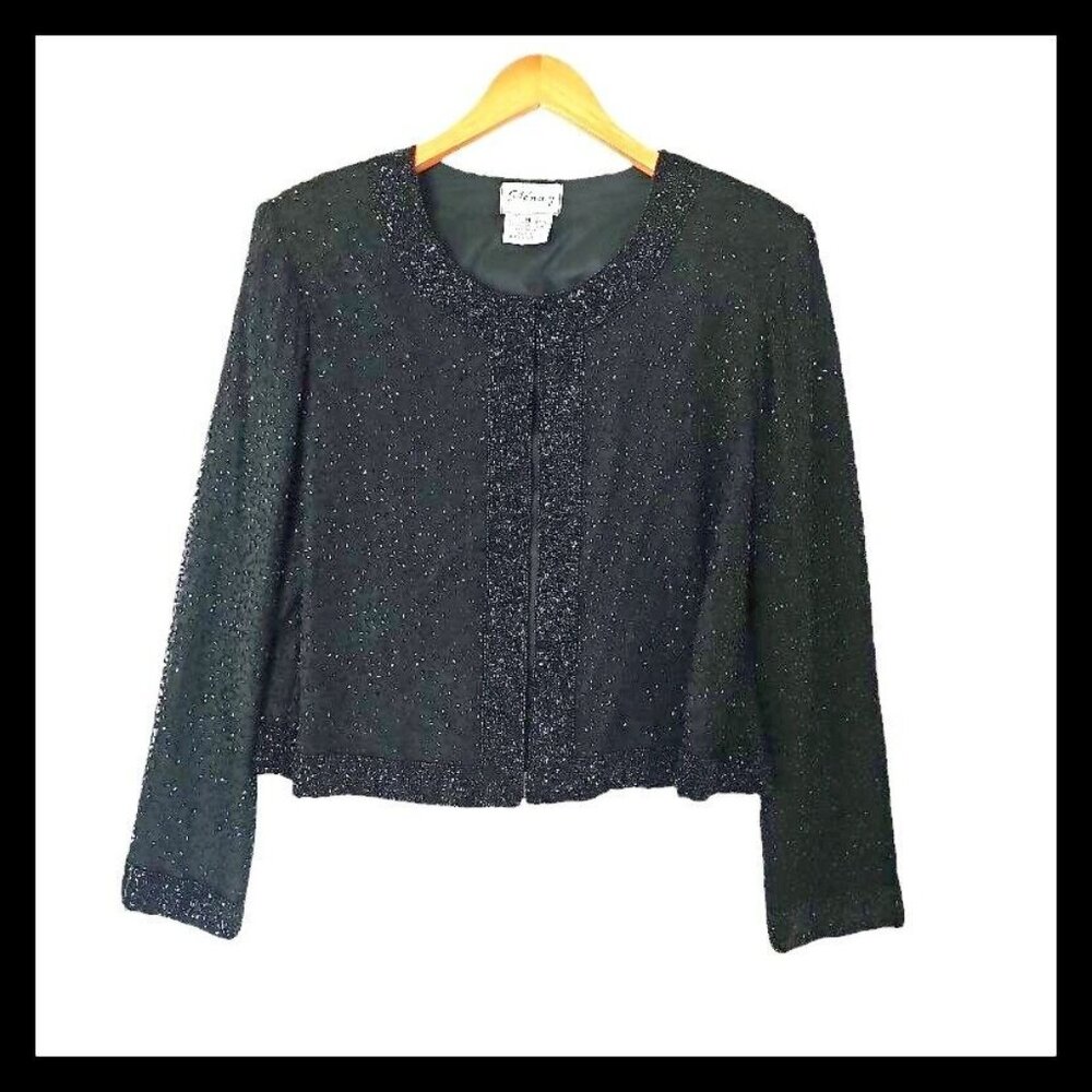 Vintage Stenay Women's Evening Jacket Black Short Cropped Silk Beaded Sequin‎ M